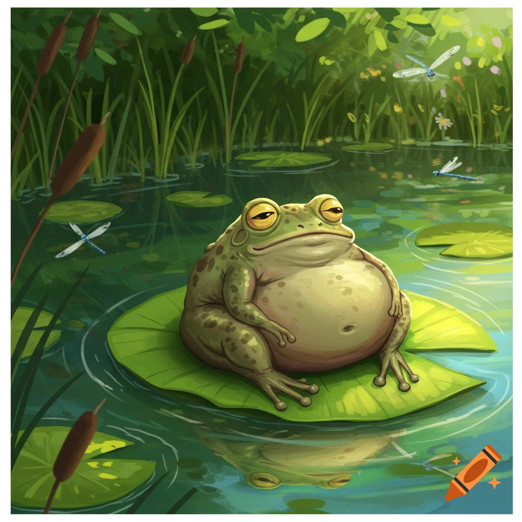 An illustration of a large, grumpy-looking frog sitting on a lily pad in a green pond with cattails and dragonflies.