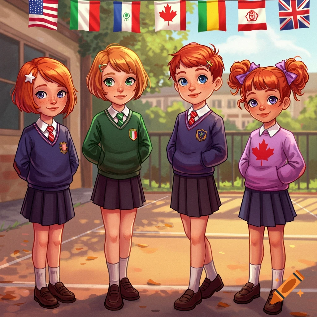 Four cartoon children in school uniforms stand outdoors under a string of international flags.