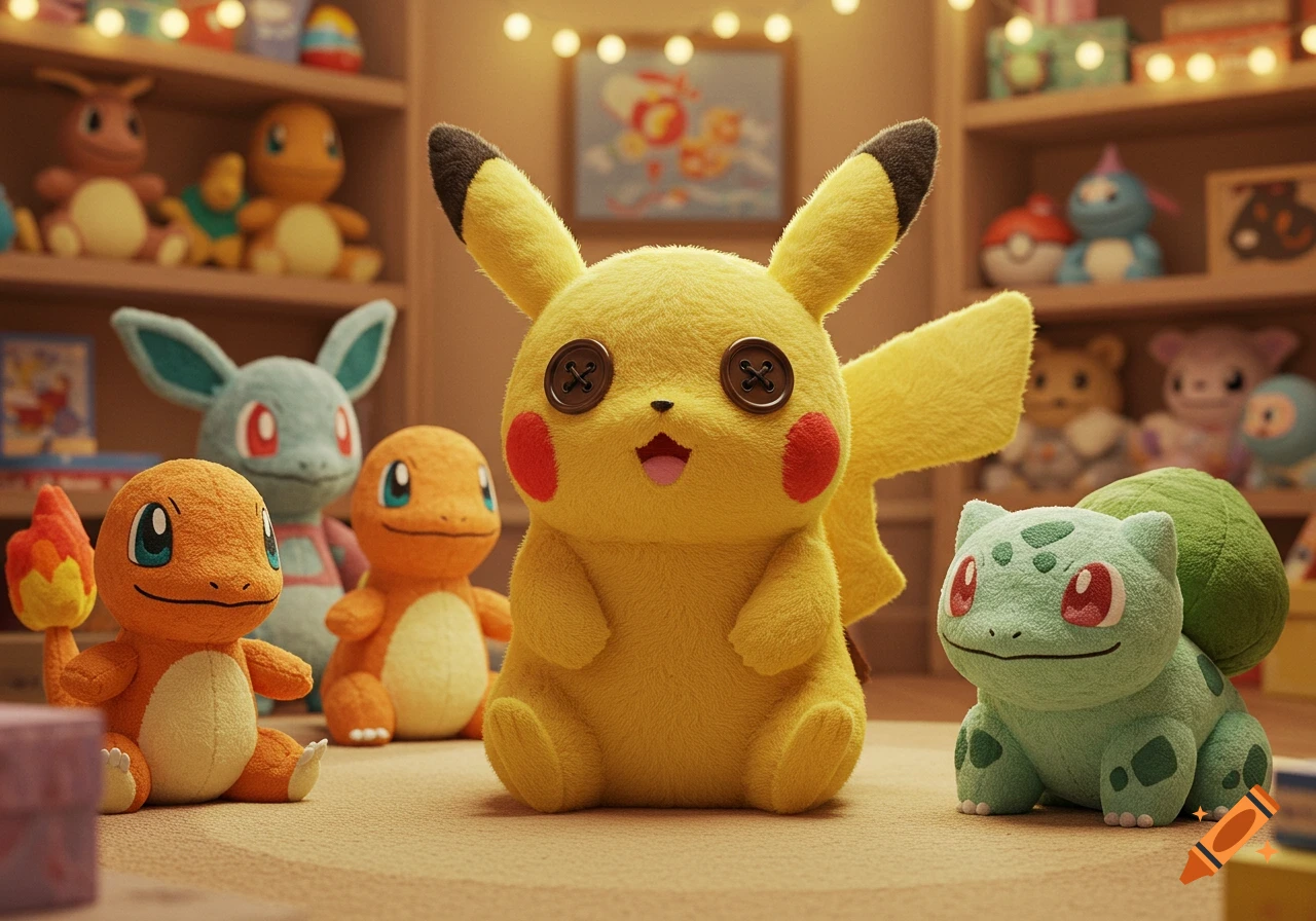 Pikachu, Bulbasaur, and Charmander plush toys sitting on a carpet in a room with shelves of other toys and string lights.