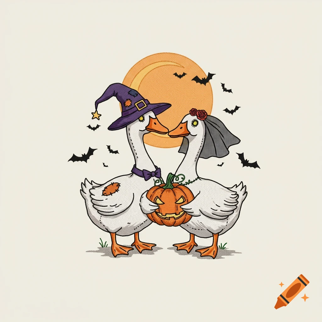 Two cartoon geese in Halloween wedding attire, one as a witch and one with a veil, hold a pumpkin under a full moon with bats. Embroidery style.