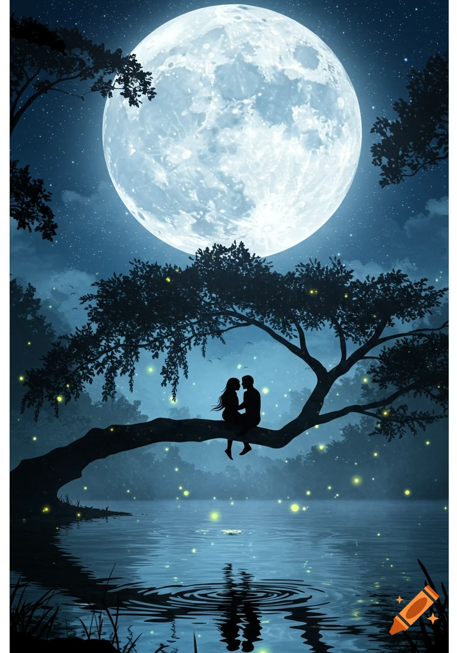 Romantic illustration of a silhouetted couple embracing on a tree branch under a large full moon over a lake with fireflies.