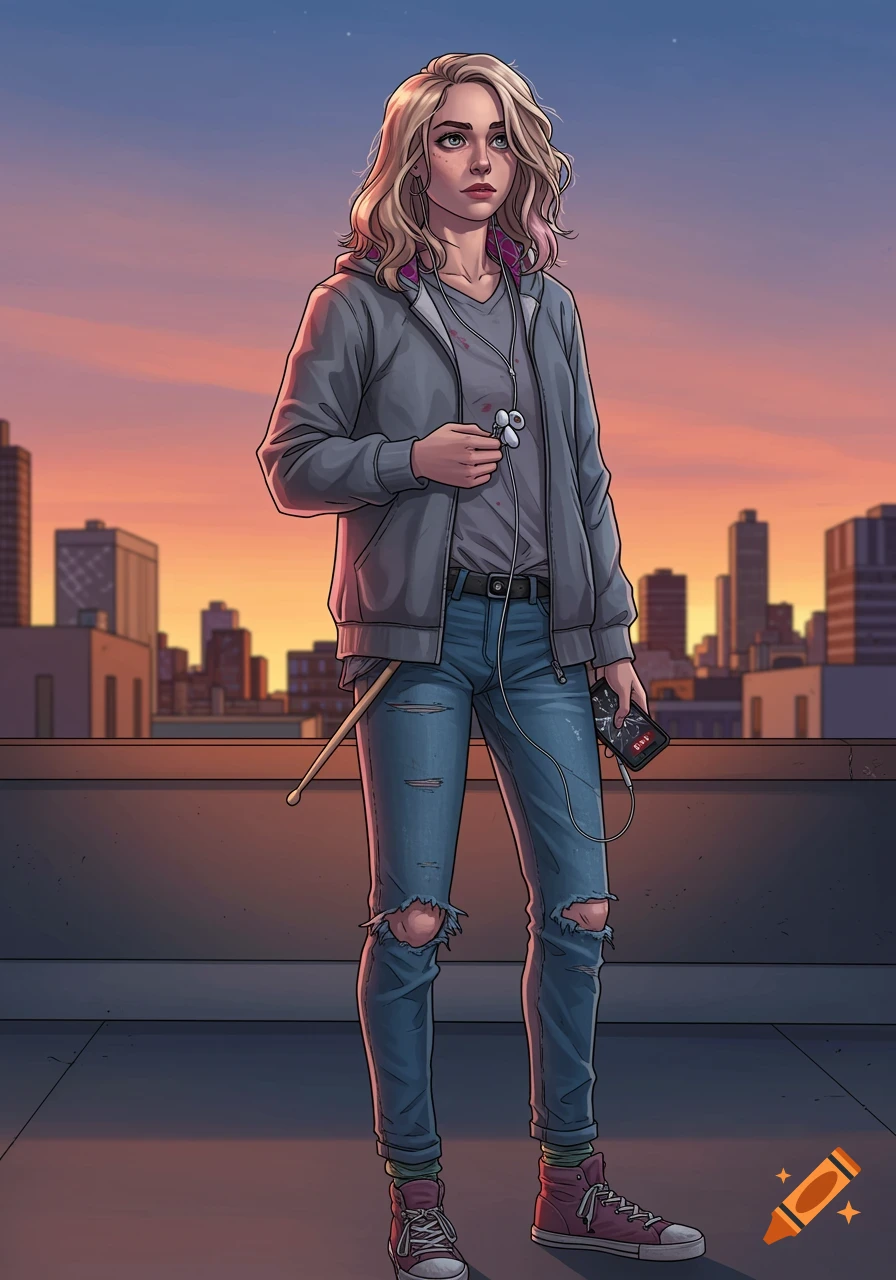 Comic illustration of a blonde woman in a gray hoodie and ripped jeans standing on a rooftop at sunset, holding earphones and a phone.