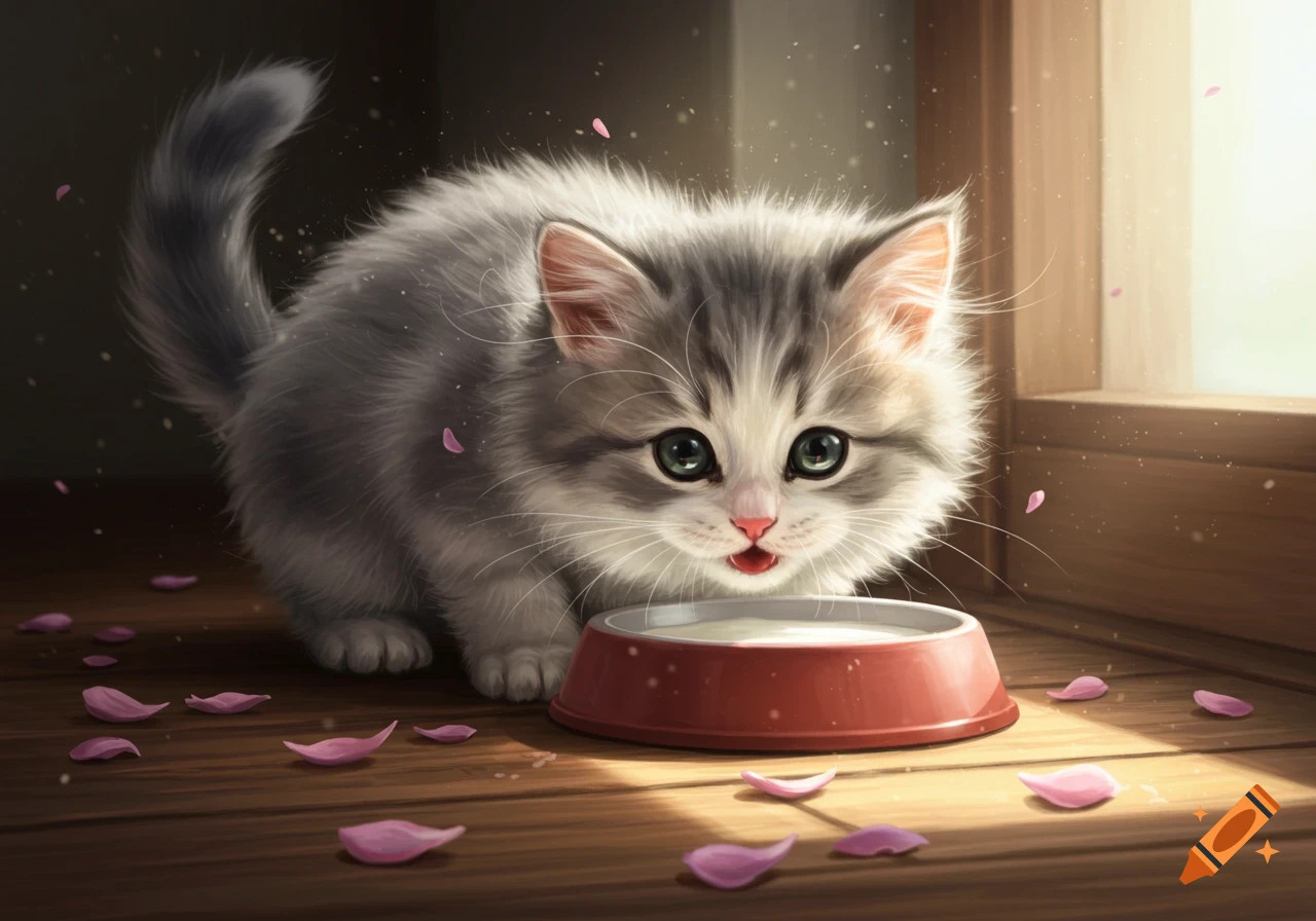 A fluffy gray and white kitten with big green eyes drinks milk from a red bowl, surrounded by pink petals on a wooden floor.