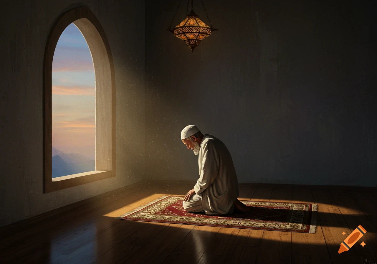 An elderly man in traditional attire kneels on a prayer rug in a sunlit room with an arched window and an ornate lamp.