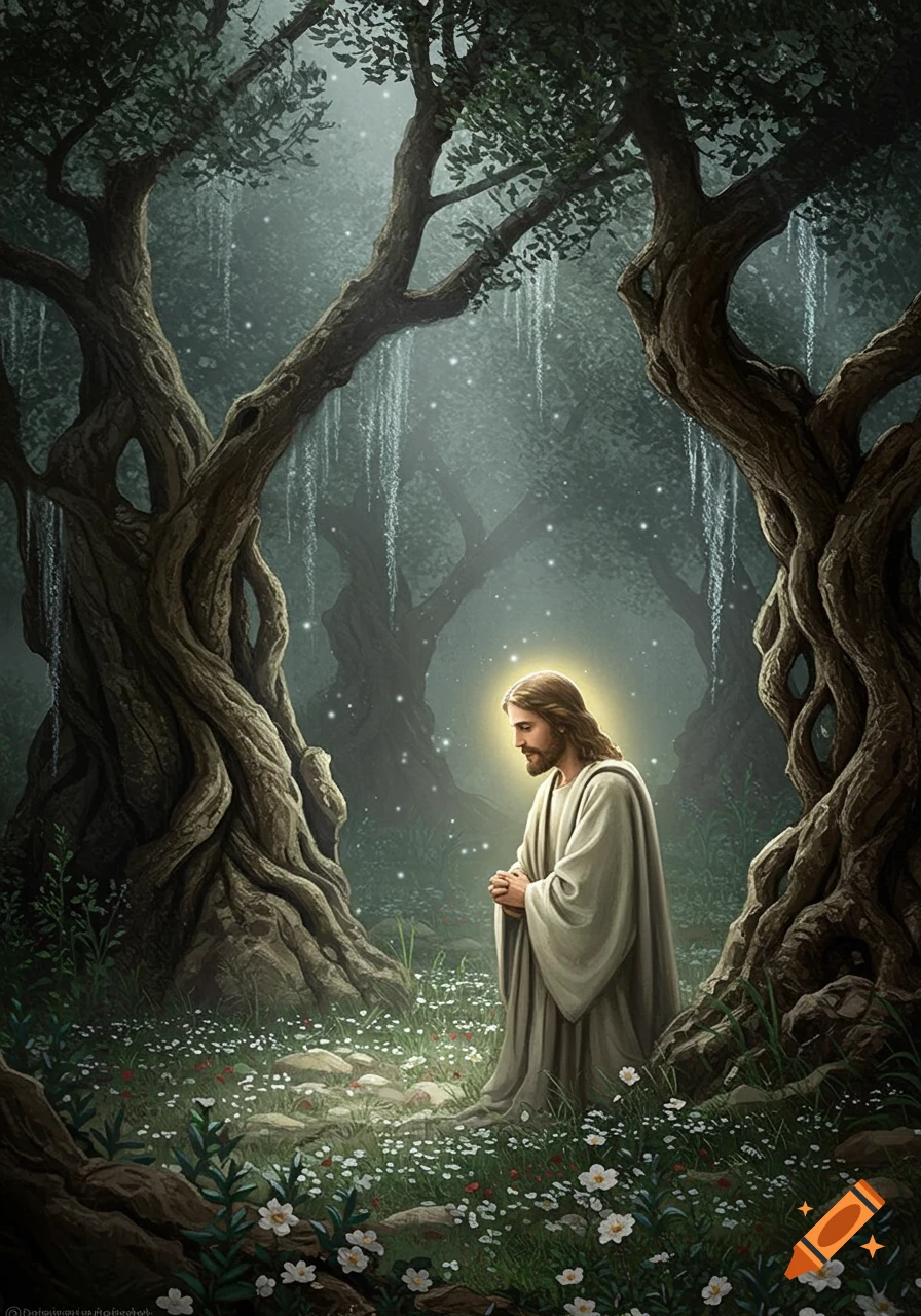 Illustrated Jesus Christ with a halo praying in a dark, mystical forest with gnarled trees and glowing white flowers.