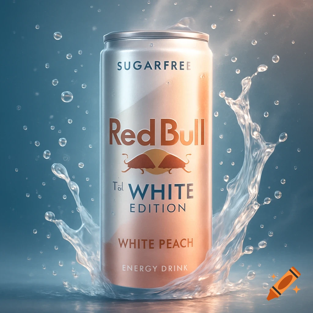 Photorealistic Red Bull White Peach can, sugar-free, with water splashing around it on a blue background.