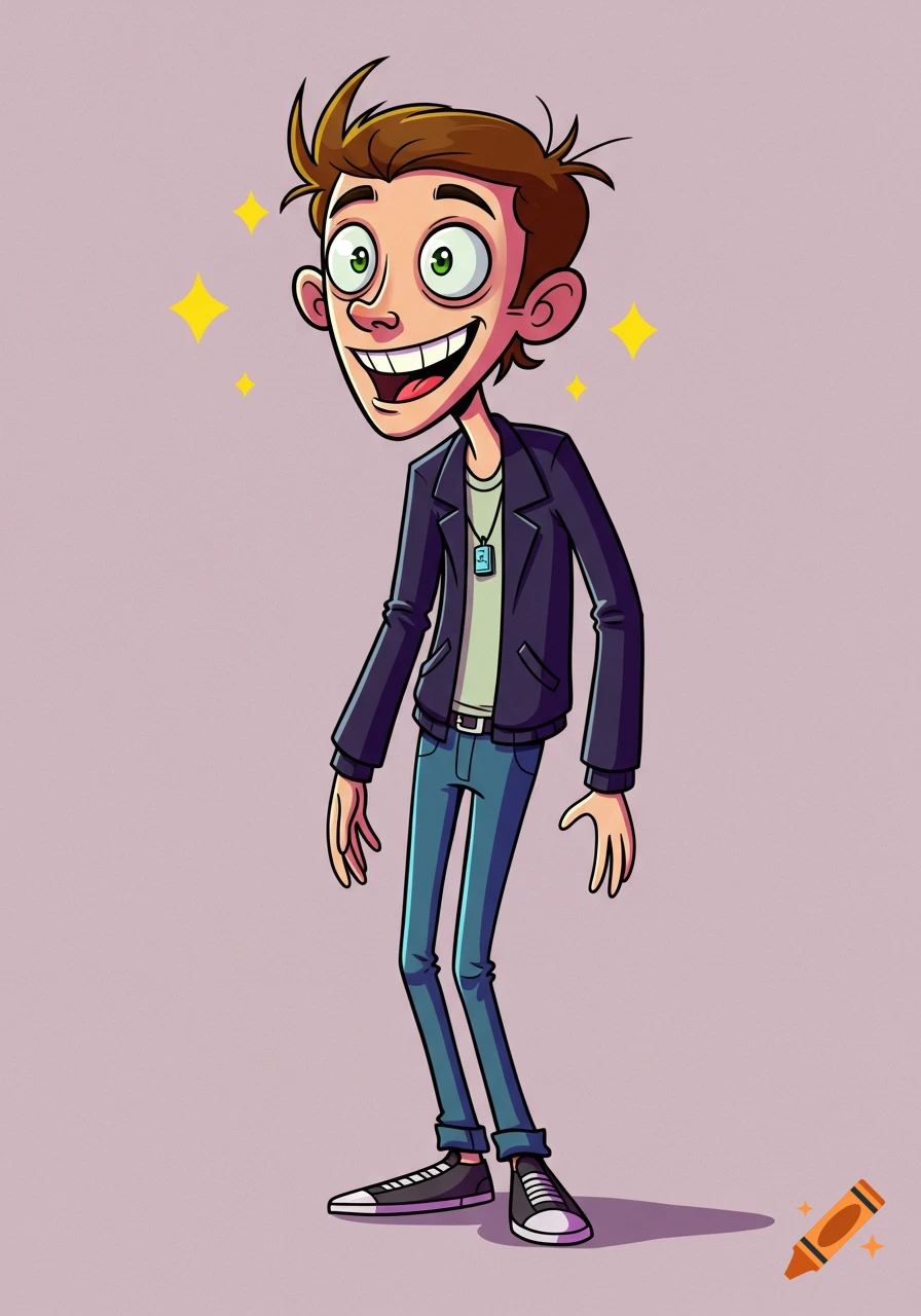 A tall, lanky cartoon young man with brown hair, a goofy grin, and wide green eyes, wearing a dark blue jacket and jeans, stands on a light purple background.