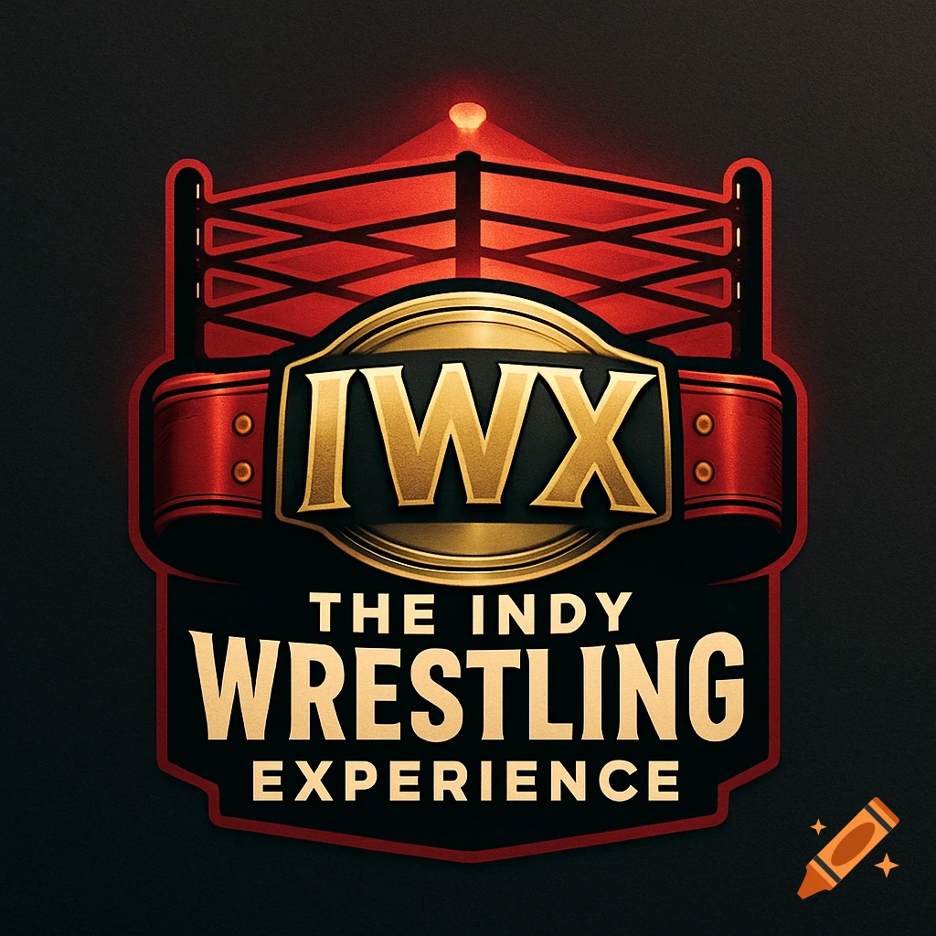 A stylized red and gold logo for "The Indy Wrestling Experience" featuring a championship belt with "IWX" and a wrestling ring in the background.