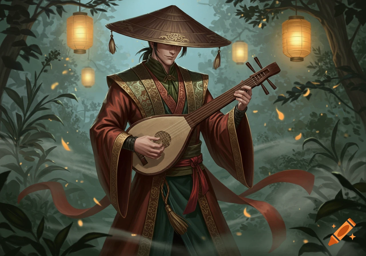 A male bard in a conical hat and ornate red robes plays a lute-like instrument in a lush, lantern-lit forest.