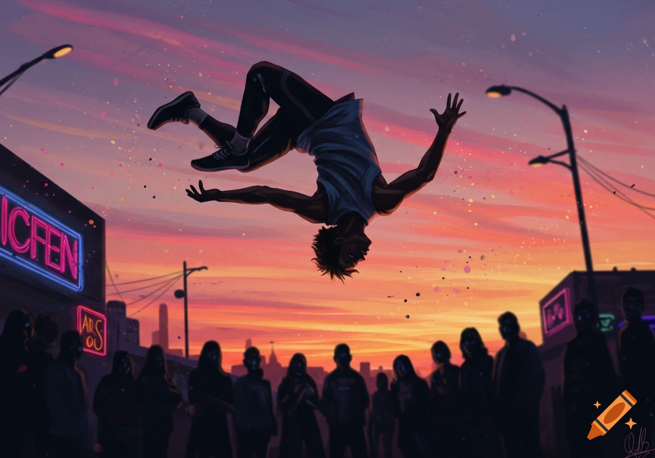 Vibrant illustration of a person doing a backflip against an orange and purple sunset sky, observed by a silhouetted crowd in an urban setting.