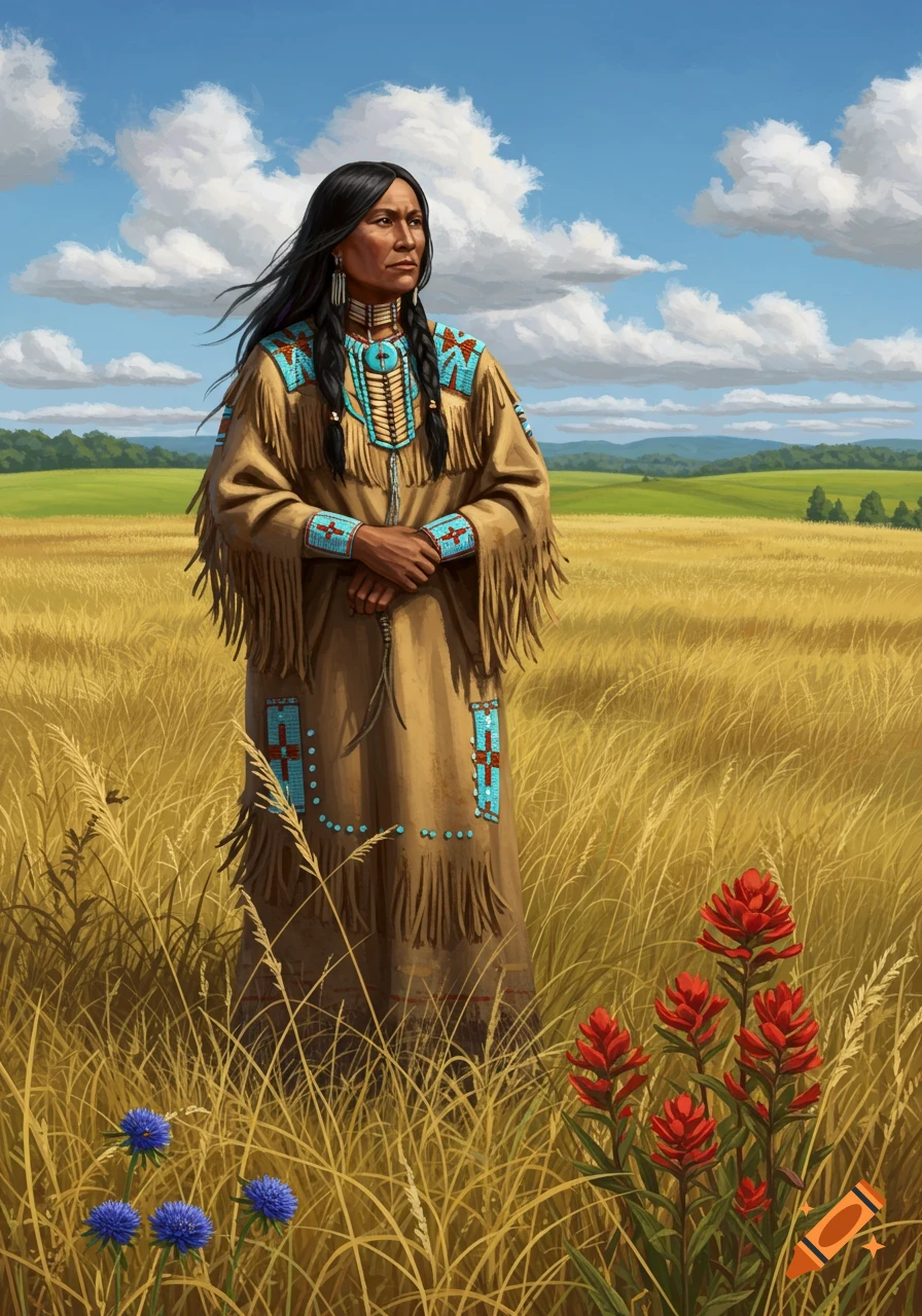 An illustrated portrait of a Native American woman in traditional clothing standing in a golden field with flowers under a blue sky.