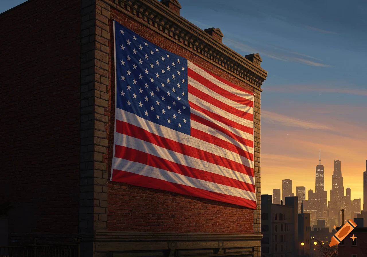A large American flag hangs vertically on the brick side of a building, with a city skyline at sunset in the background.