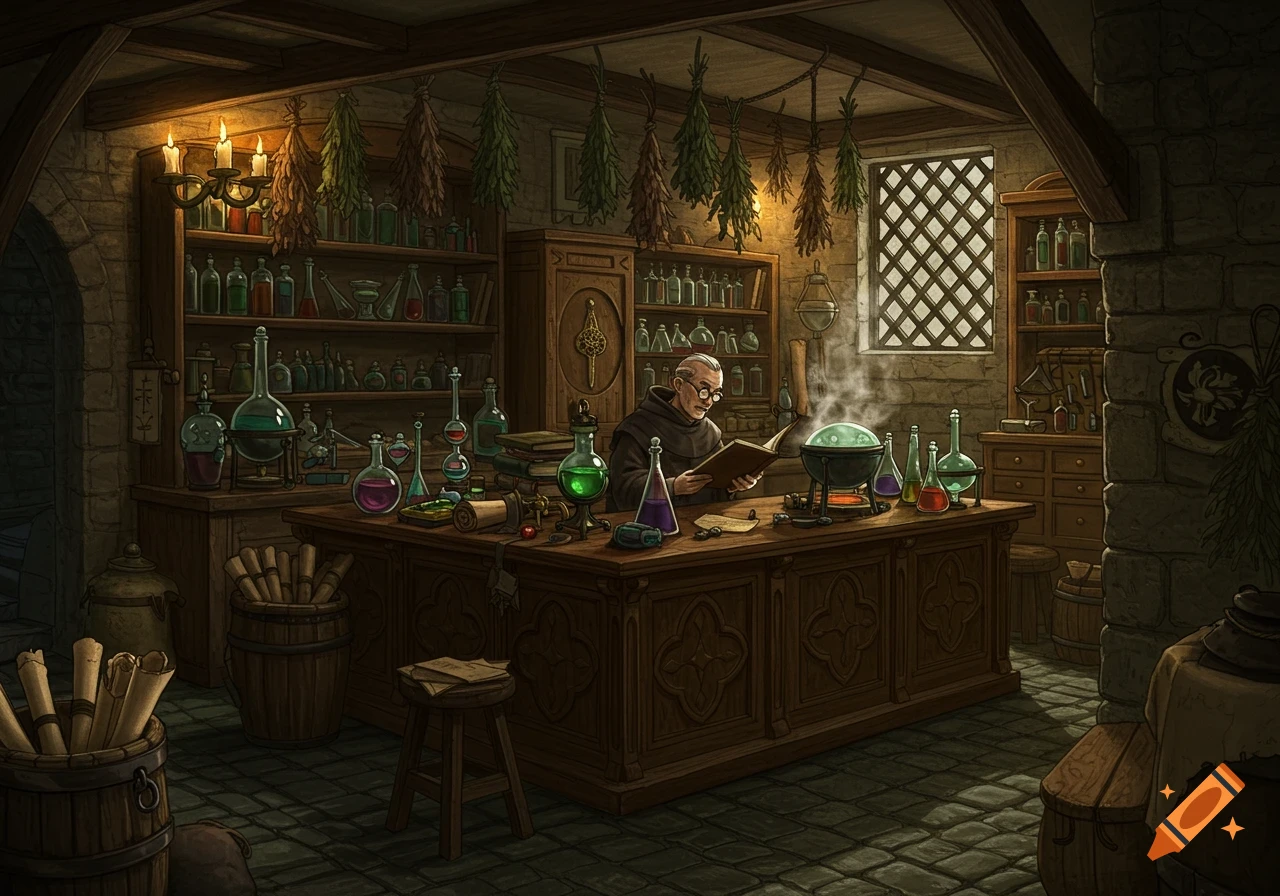 An old monk reads a book in a dimly lit, detailed medieval apothecary shop, surrounded by glowing potions and alchemy equipment.