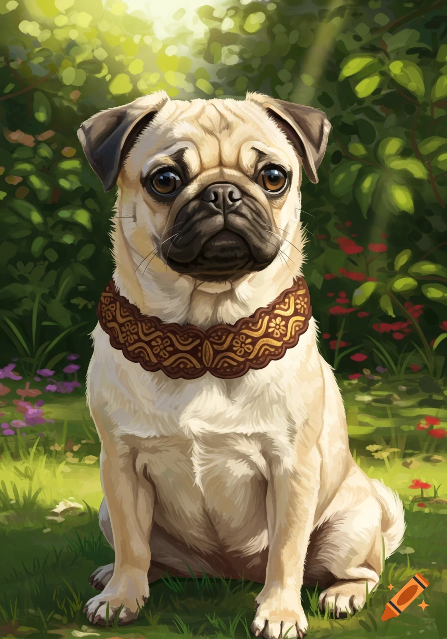 A cream-furred pug with a patterned collar sits in a lush, sunlit garden, digital painting.
