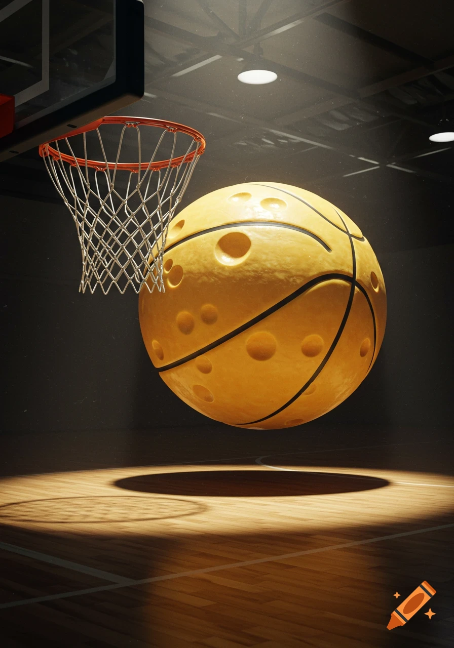 A Swiss cheese textured basketball floats near a net on a dark court, lit by a spotlight.