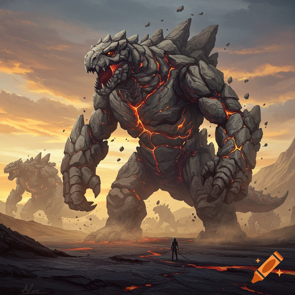 Gigantic rock and lava monsters resembling T-Rexes loom over a tiny human in a desolate volcanic landscape.