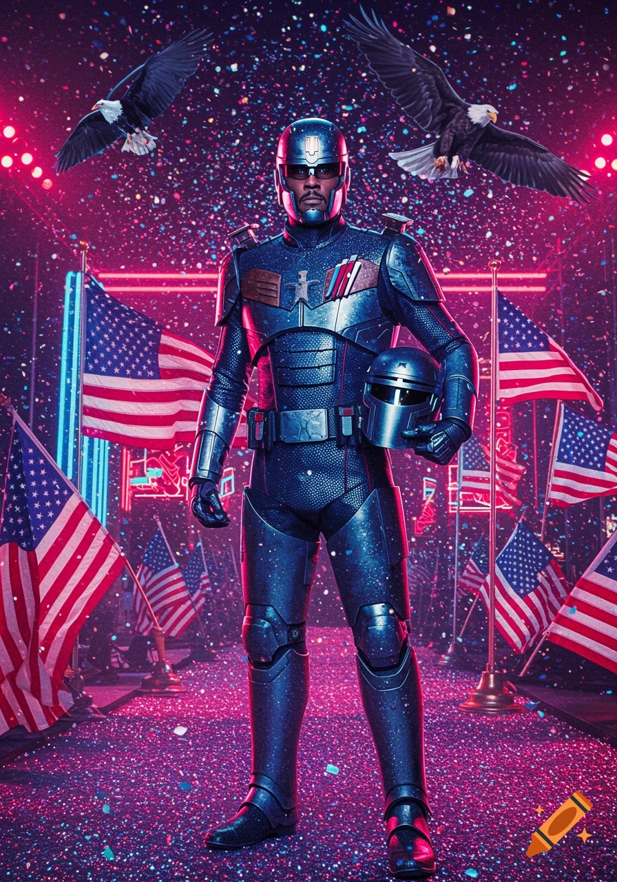 Peacemaker in a sci-fi suit stands dramatically amidst falling glitter, American flags, and flying eagles with neon lights.