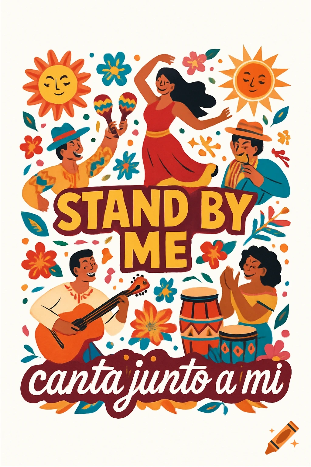 Vibrant flat vector illustration of people playing music and dancing at a Latin American festival, with 'STAND BY ME, canta junto a mi' text, flowers, and suns.