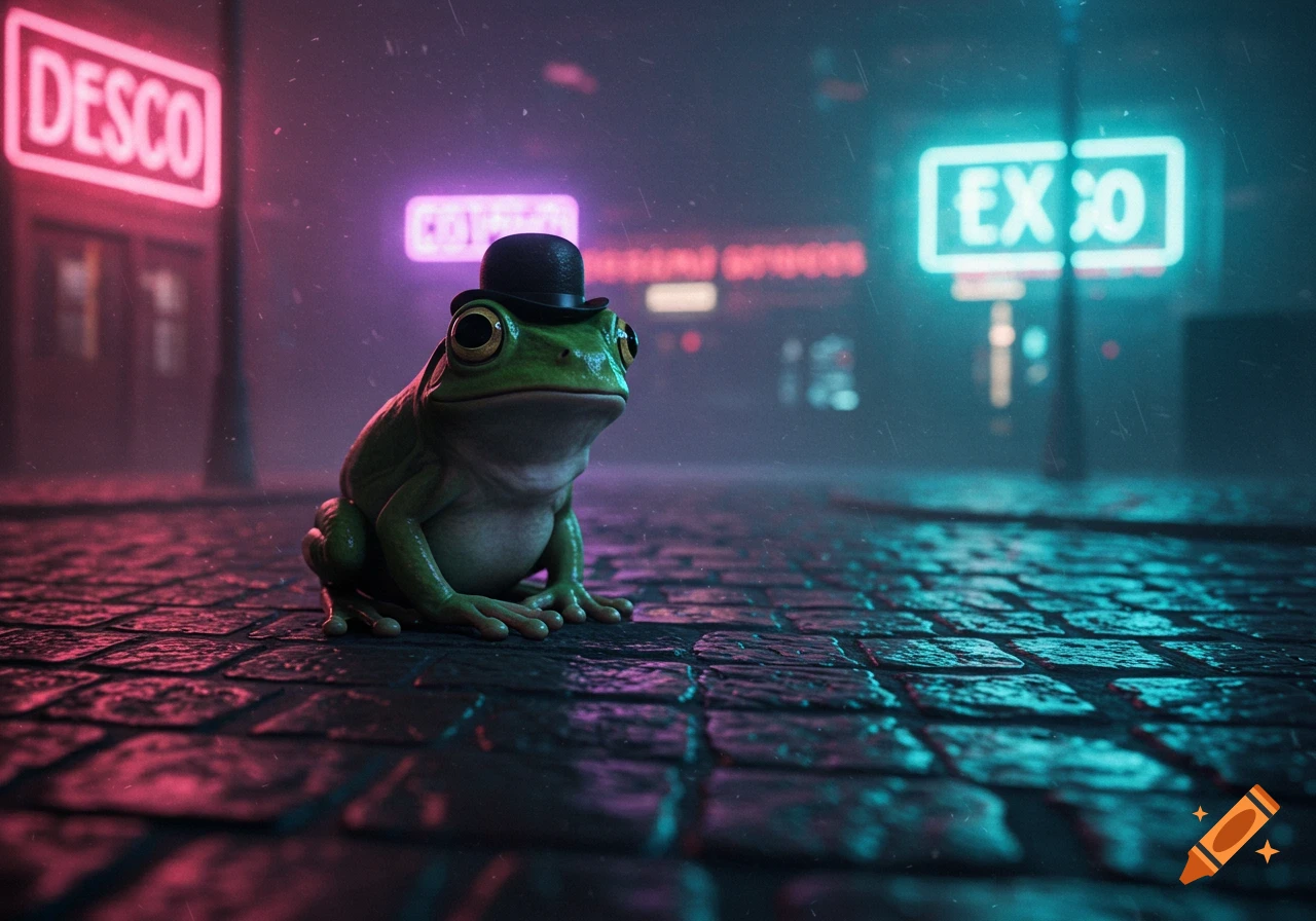 A photorealistic frog in a bowler hat sits on a wet cobblestone street at night, illuminated by glowing neon signs.