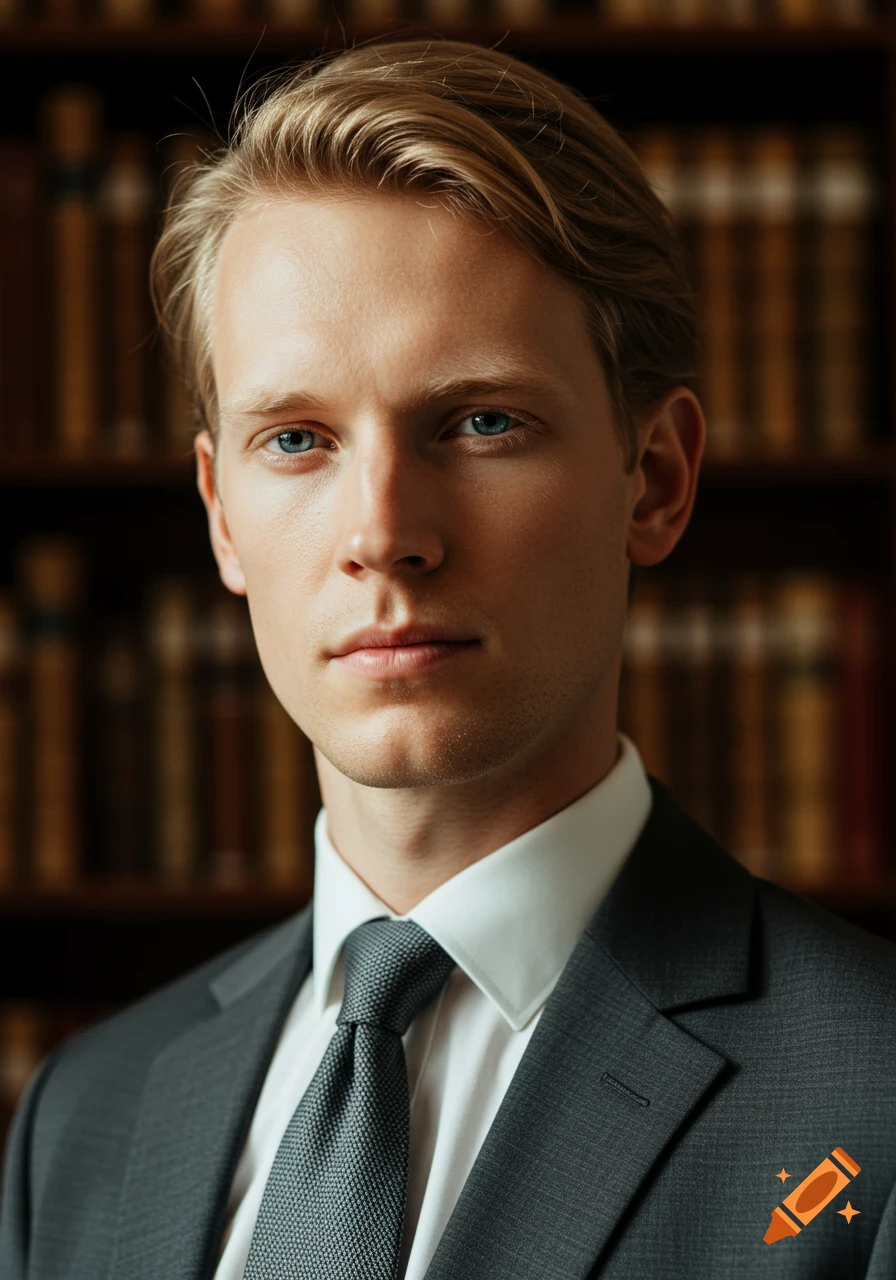 Photorealistic portrait of a blond man in a gray suit and tie with blue eyes, in front of a blurred bookshelf.