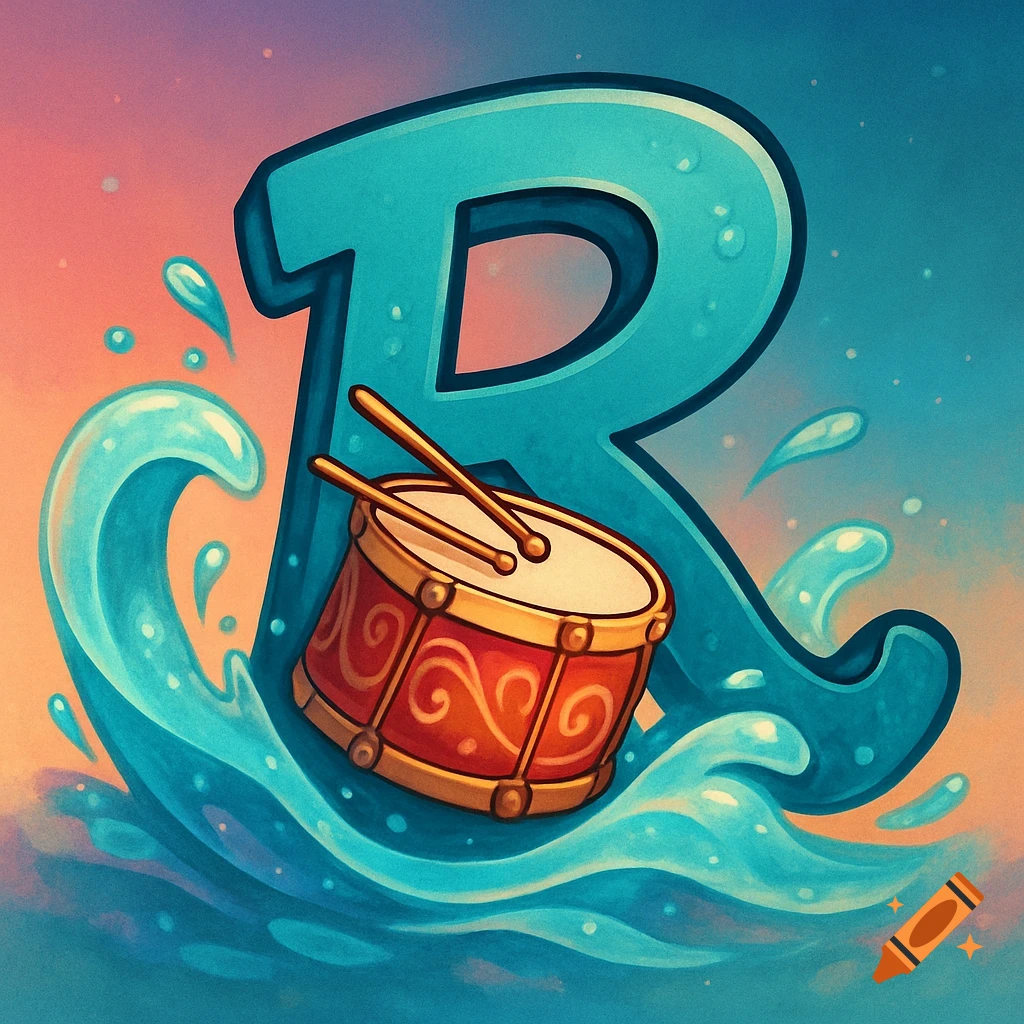 Stylized illustration of a large blue letter R with a red drum and drumsticks floating on blue water waves, against a pastel sky.
