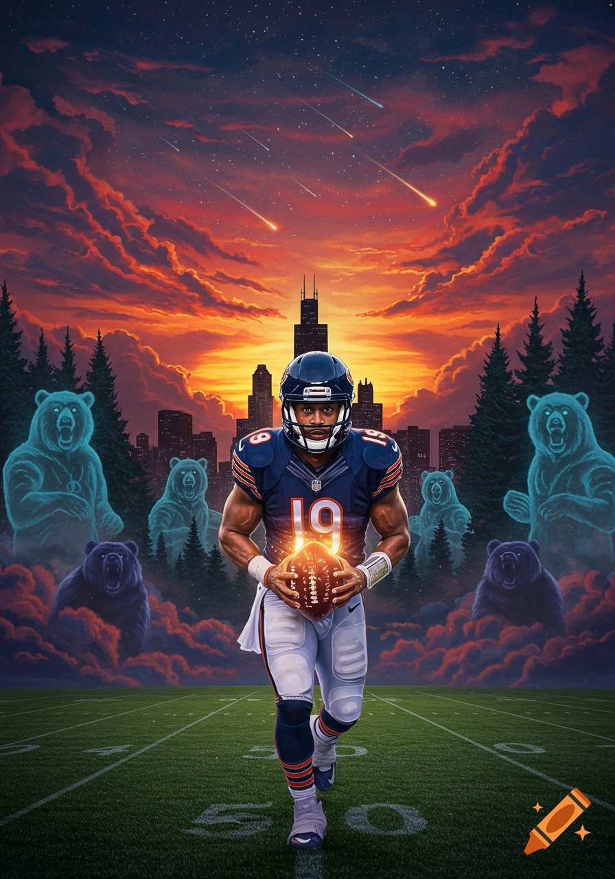 A muscular football player in a dark blue uniform with number 19 holds a glowing football on a field, surrounded by ethereal bears and a city skyline under a dramatic, fiery sunset.