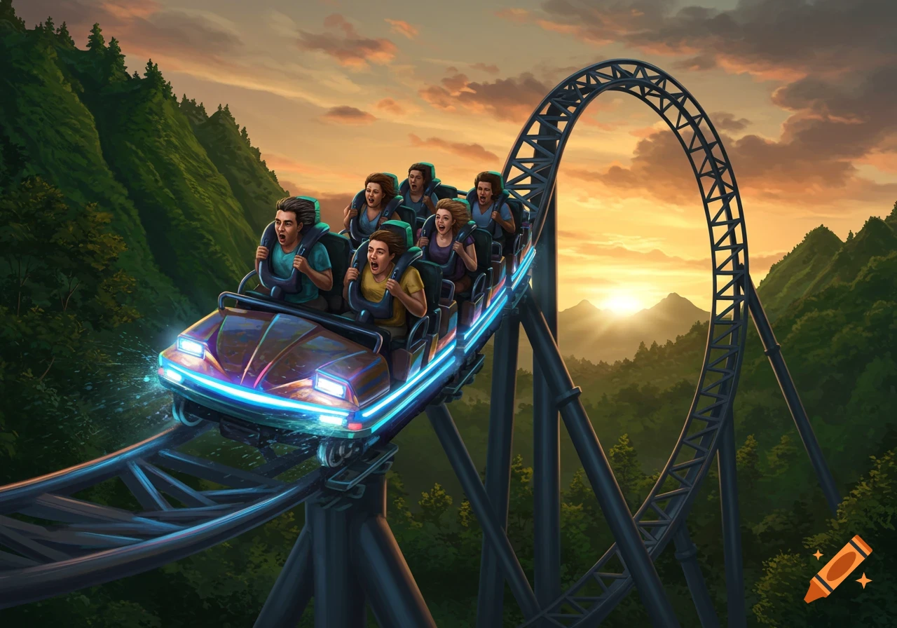 Vibrant illustration of people on a glowing roller coaster at sunset, speeding through a lush mountain landscape.