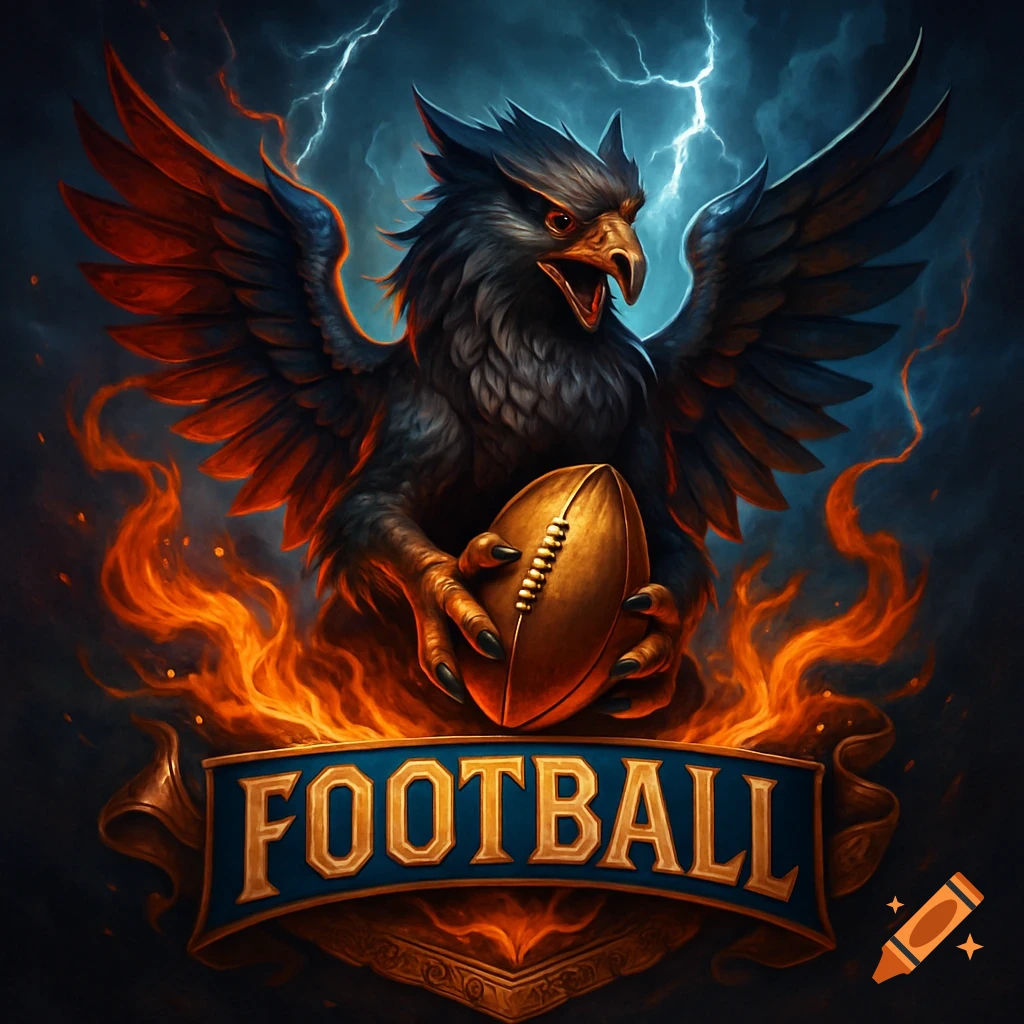 Digital art of a fierce griffin holding a football, with fire, lightning, and a 'FOOTBALL' banner.