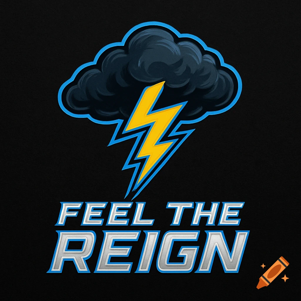 A logo of a dark storm cloud with a blue outline, a yellow lightning bolt, and the text 'FEEL THE REIGN' in bold, metallic silver and blue font.