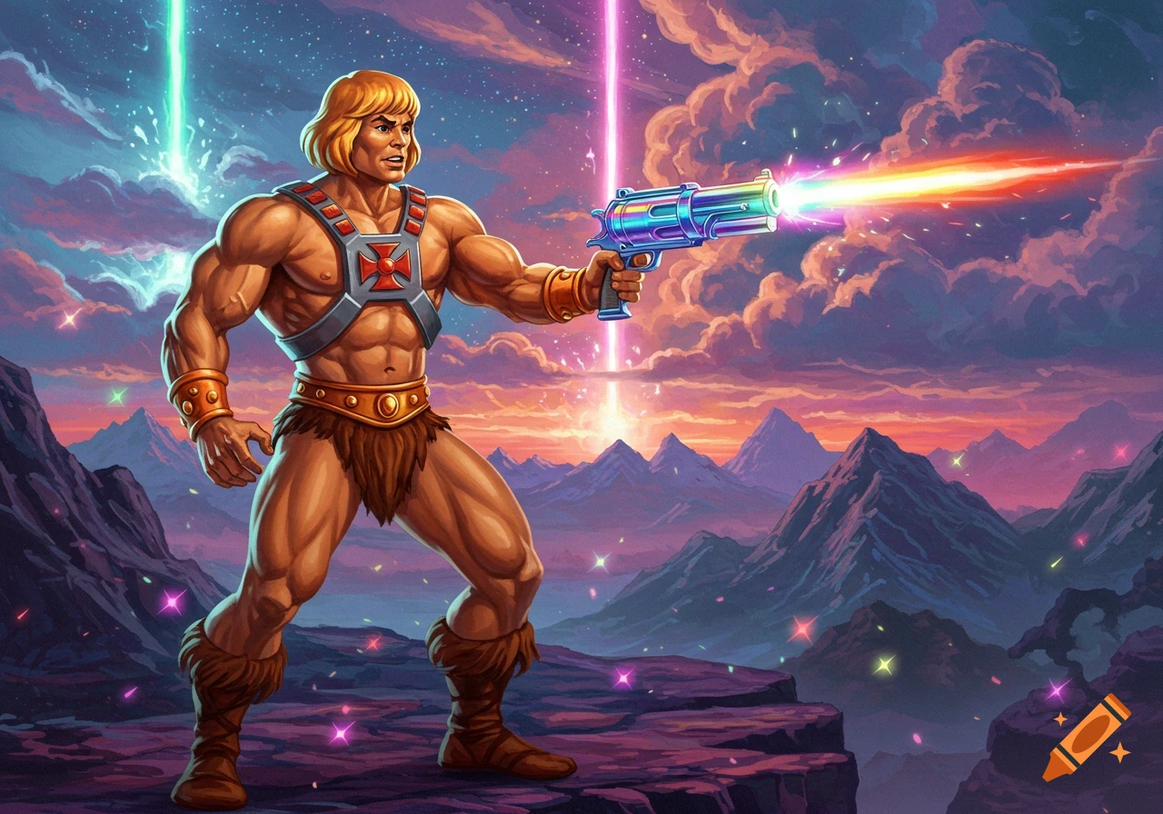 He-Man, a muscular blonde warrior in a loincloth and harness, shoots a rainbow laser gun from a cliff against a vibrant cosmic mountain landscape.