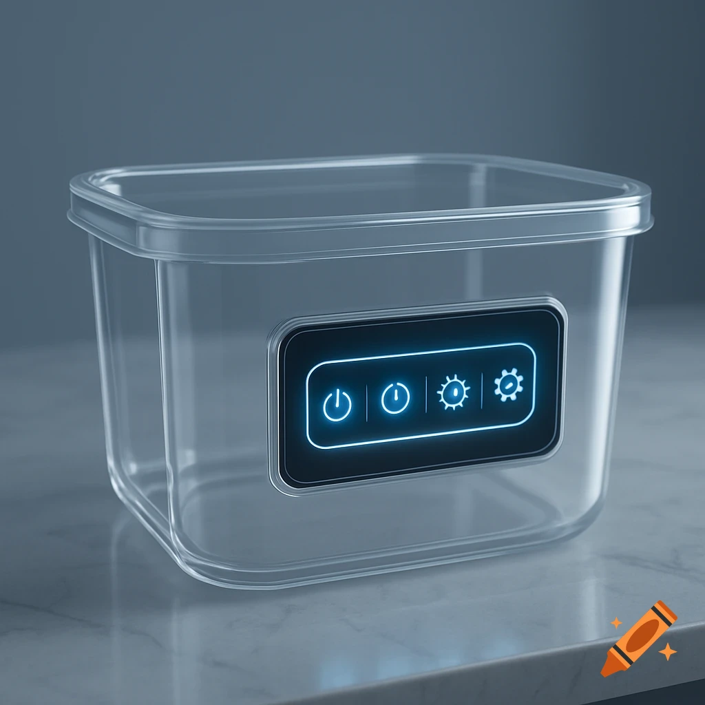 A clear plastic tub with a glowing blue digital interface showing power, clock, and gear symbols.