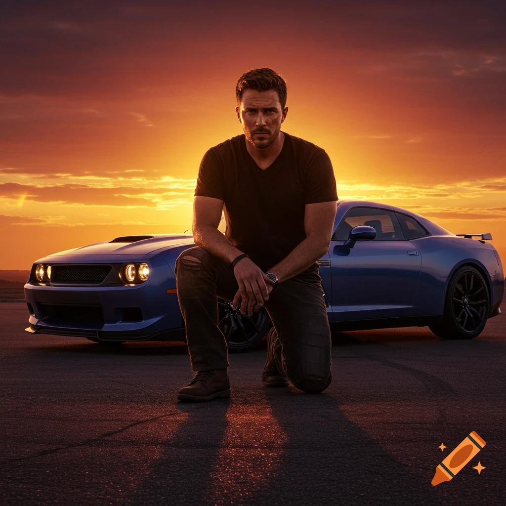A man in a black t-shirt and jeans kneels in front of a blue muscle car at sunset on a road.