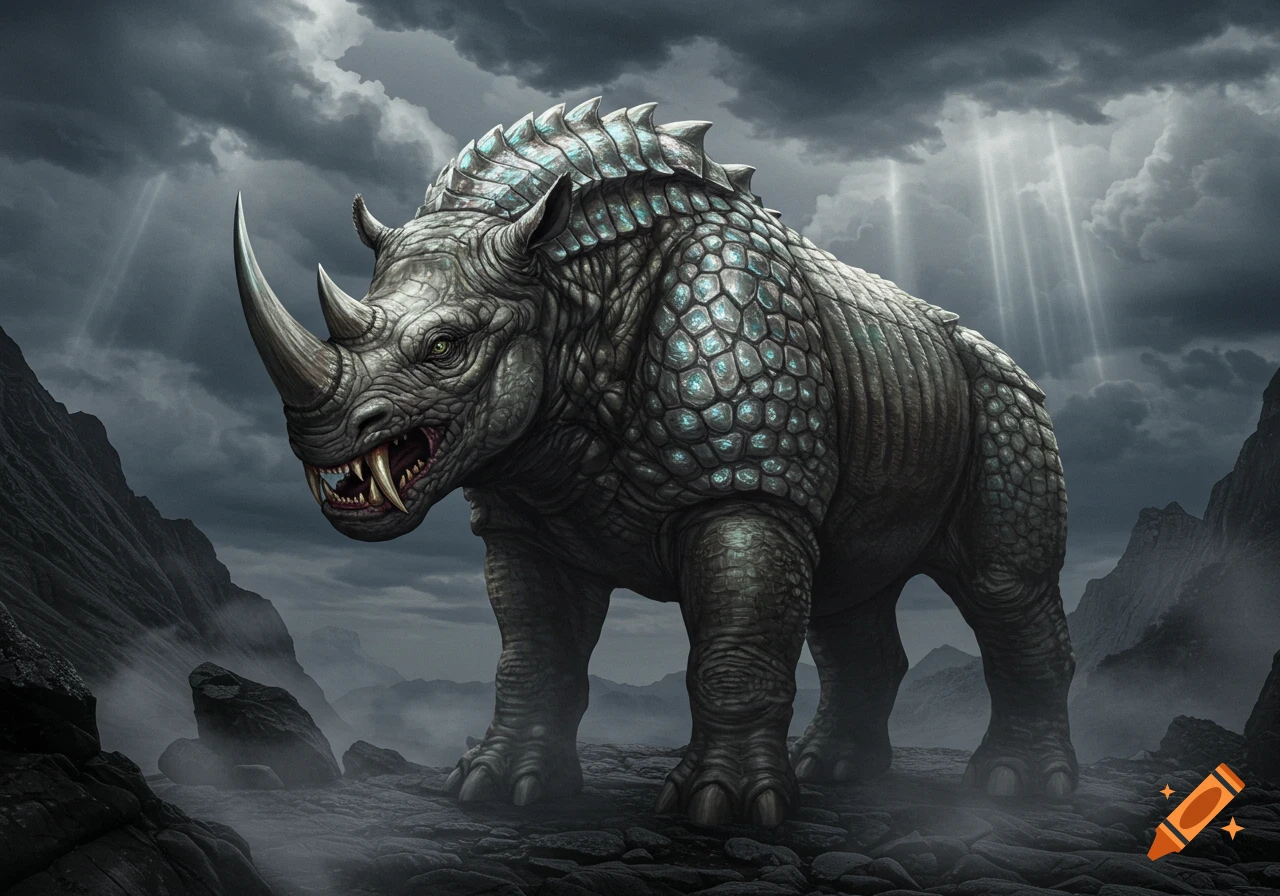 A fierce, armored monster with glowing blue scales, sharp fangs, and a large horn stands on rocky terrain under a dark, cloudy sky with rays of light breaking through. The creature has a rhinoceros-like body and an aggressive expression.