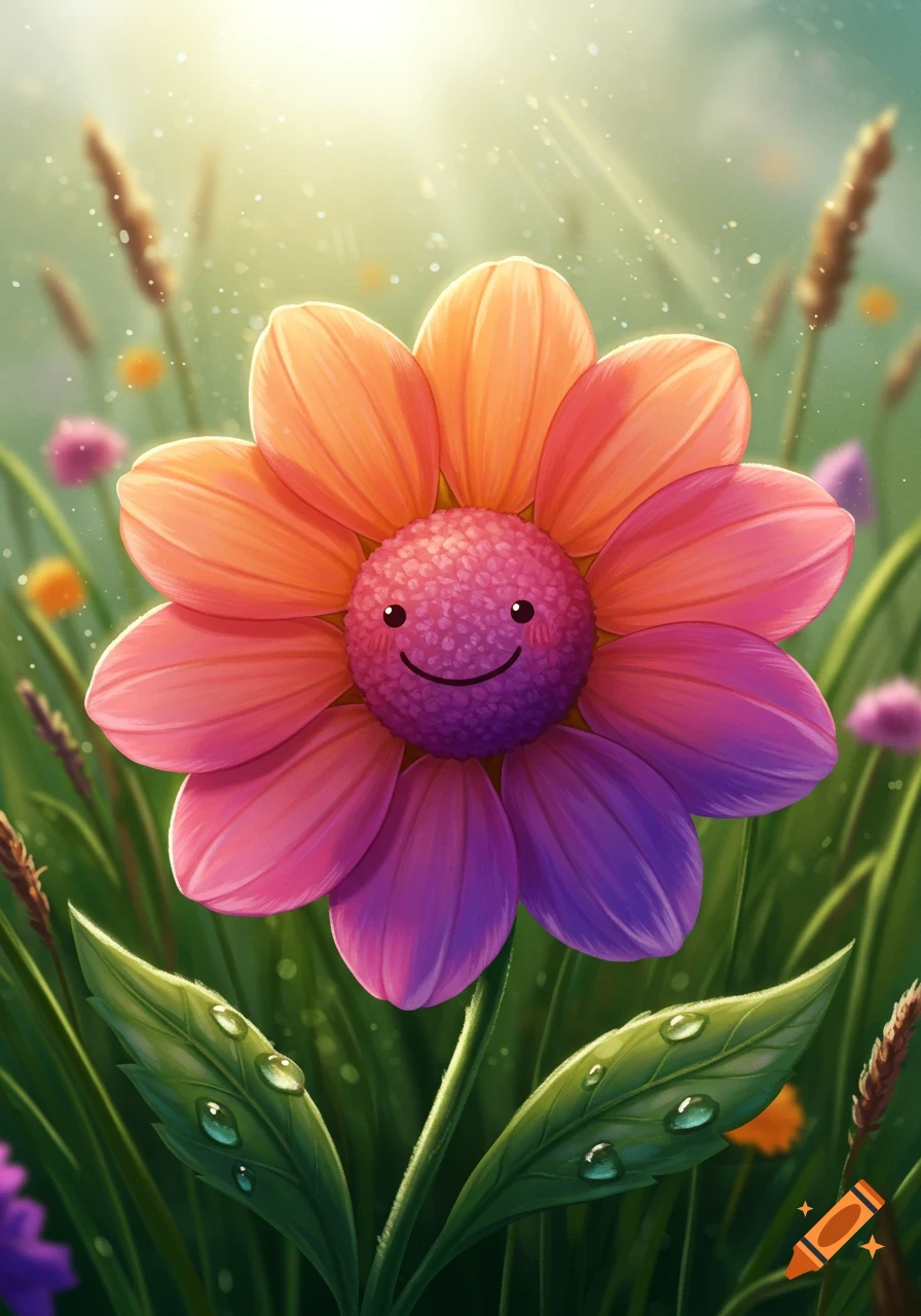 A vibrant, smiling cartoon flower with orange, pink, and purple gradient petals, and dewdrops on its leaves, in a sunny green field.