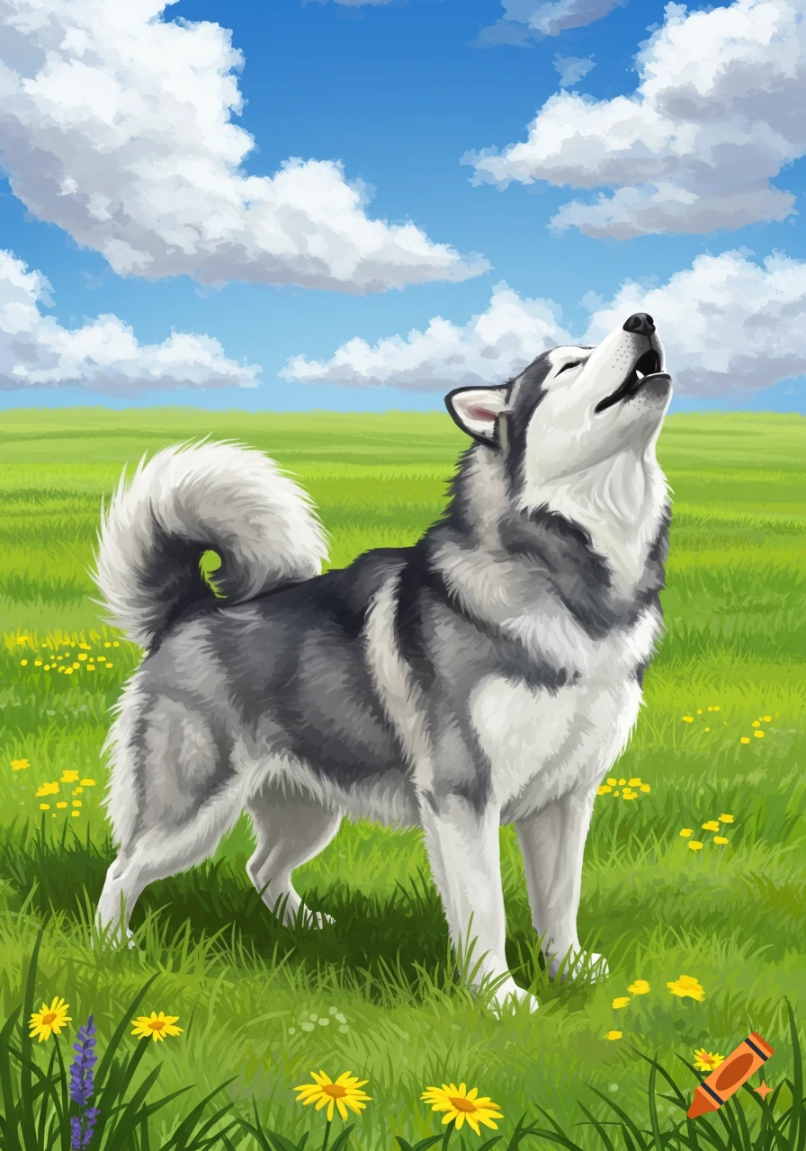 An Alaskan Malamute howls dramatically in a sunny green field with yellow flowers under a blue sky with fluffy clouds, digital illustration.