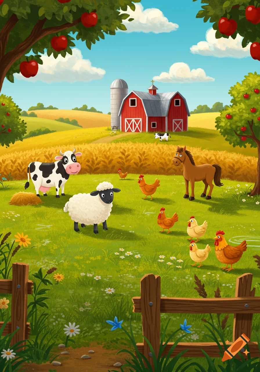 A vibrant cartoon farm scene with a cow, sheep, horse, and chickens in a grassy field, with a red barn and golden fields.