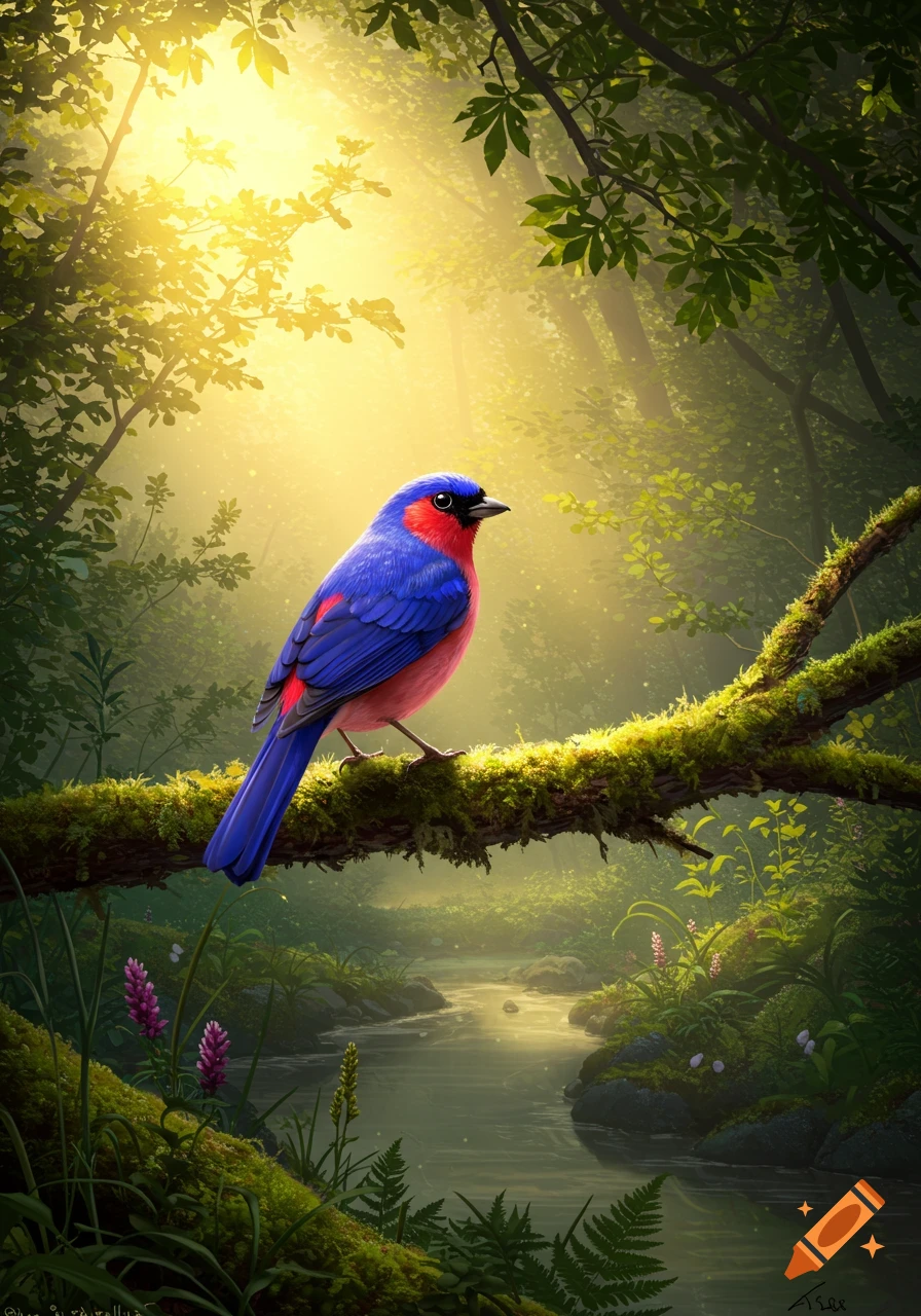 A vibrant blue and red bird perched on a moss-covered branch in a sunlit forest, with a stream flowing below.