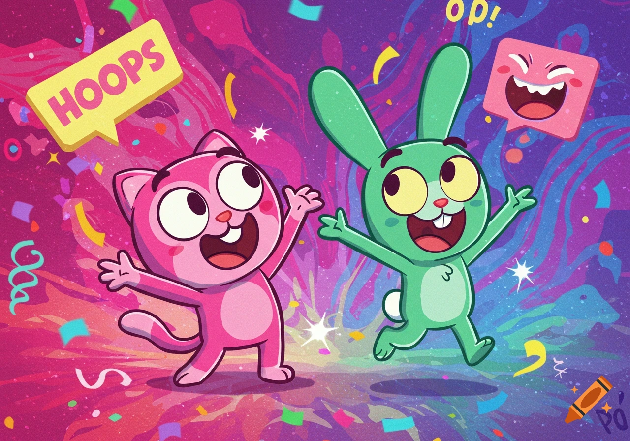 A vibrant cartoon of a pink cat and a green bunny celebrating with arms outstretched and confetti falling, on a colorful background.