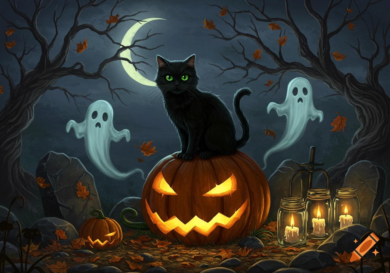 Spooky Halloween illustration of a black cat on a jack-o'-lantern, with ghosts, trees, and candles under a crescent moon.