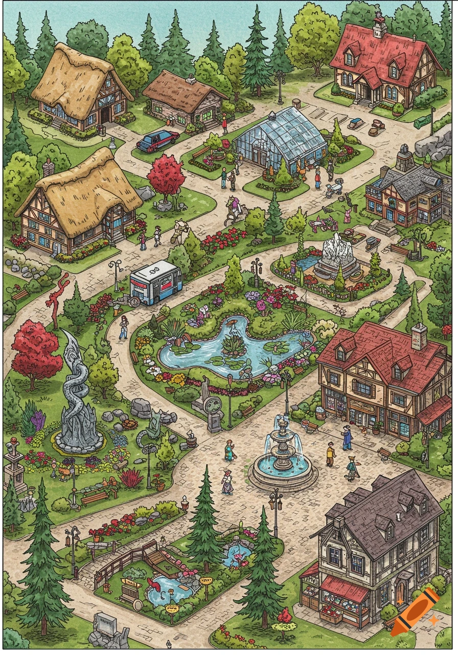 Isometric illustration of a vibrant European village with a town square, botanical gardens, shops, and thatched cottages.