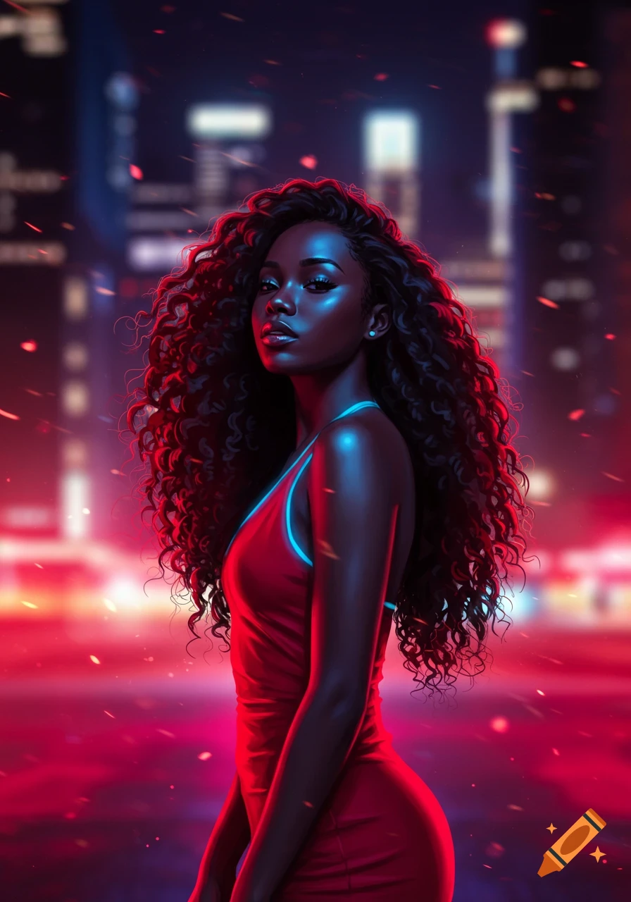 A Black woman with long curly hair in a red dress with neon blue straps, glowing in a cyberpunk city night with red and blue lights.