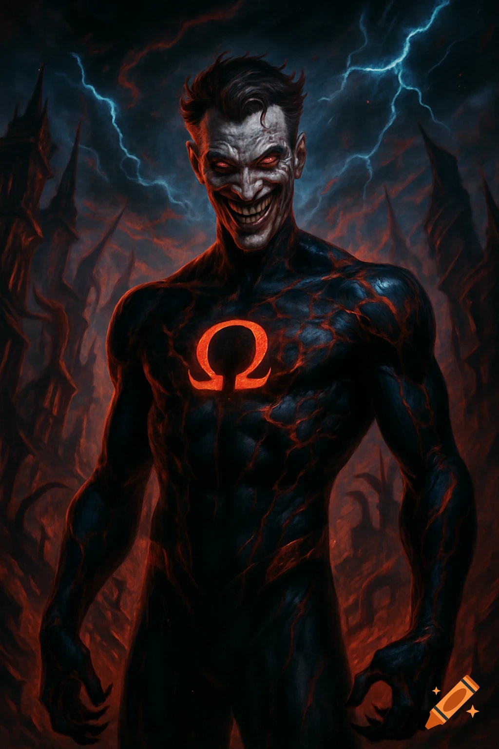 A menacing character with white skin, glowing red eyes, and a wide grin, wearing a black and red suit with an orange Omega symbol on the chest, against a dark, stormy background with jagged structures.