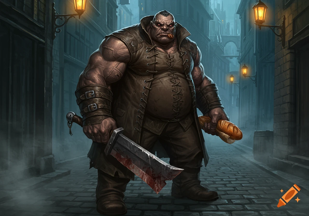 Large, intimidating fantasy character in a leather coat holds a bloody cleaver and baguette in a dark, lantern-lit alley. Detailed art style.