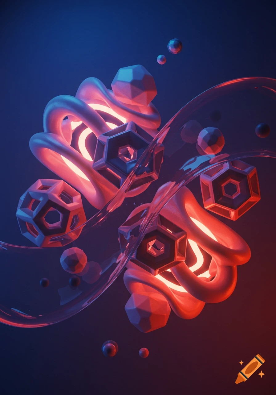 Abstract 3D render with glowing red and blue geometric shapes, intertwined tubes, and floating spheres against a dark background.