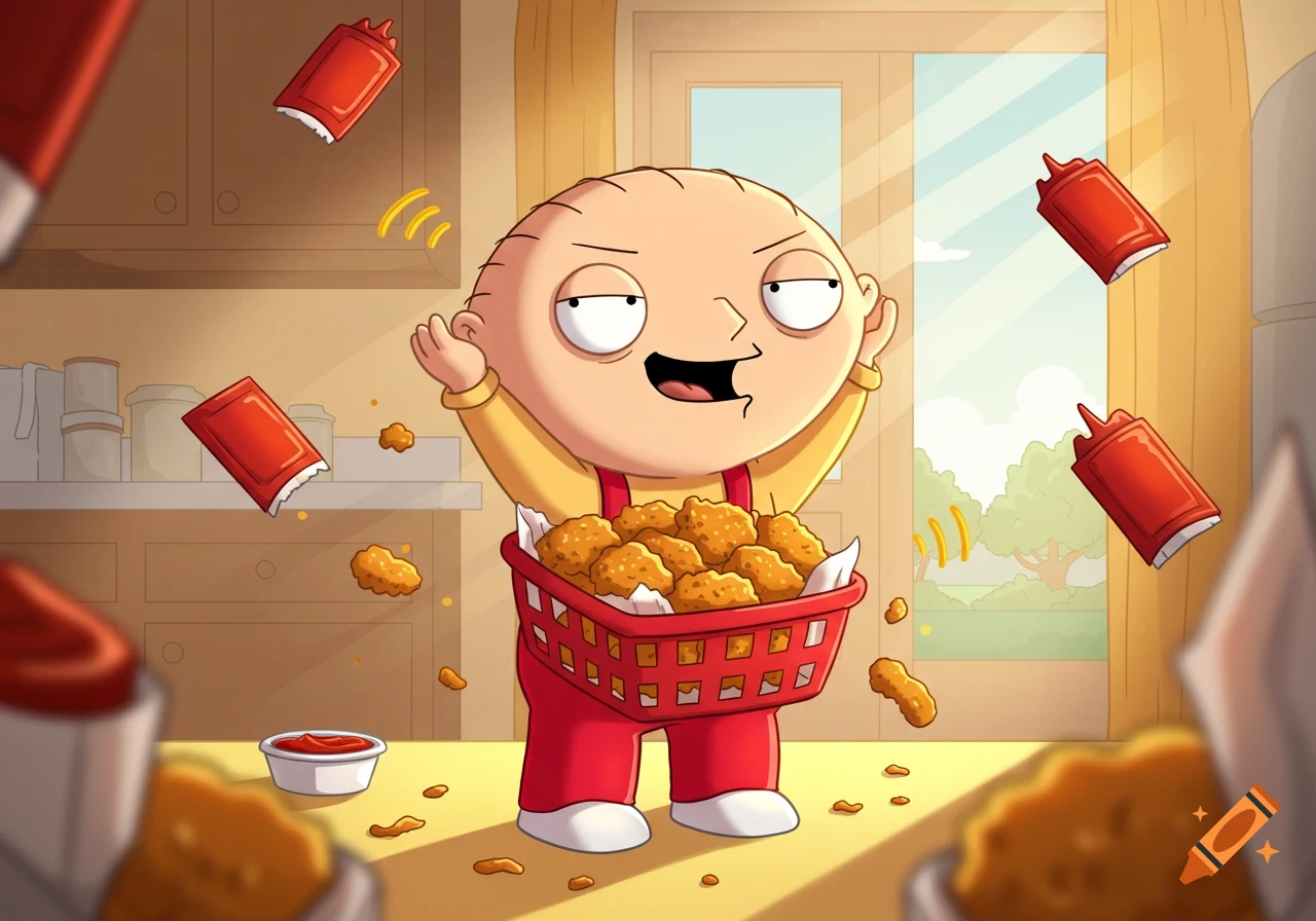 Cartoon Stewie Griffin gleefully holds a basket of chicken nuggets as ketchup packets and nuggets float around him in a kitchen.