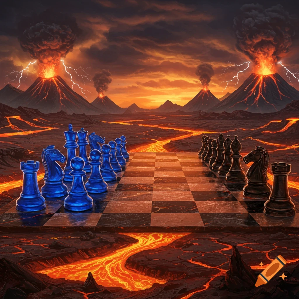 A fantasy scene with a chessboard, blue and black chess pieces, erupting volcanoes with lightning, and rivers of molten lava.