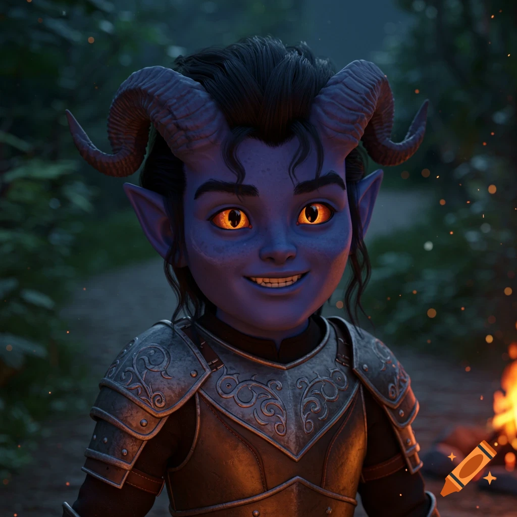 A friendly blue-skinned D&D Tiefling character with horns and glowing orange eyes smiles, wearing ornate armor by a campfire in a forest.