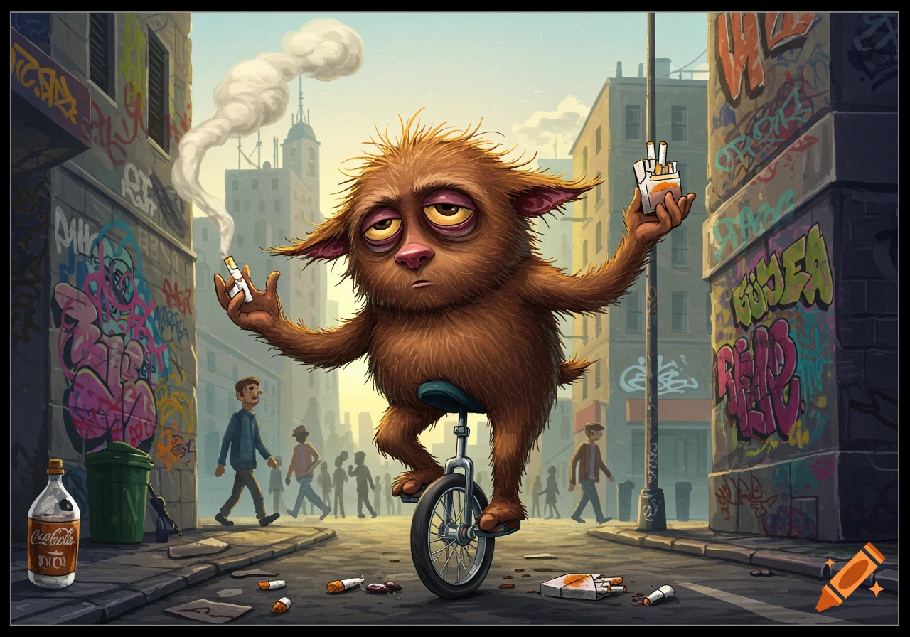 A haggard, furry brown creature with big eyes rides a unicycle down a graffiti-filled city street, smoking a cigarette and holding a pack of cigarettes. Other people walk in the background, with an empty soda bottle and cigarette butts on the ground.