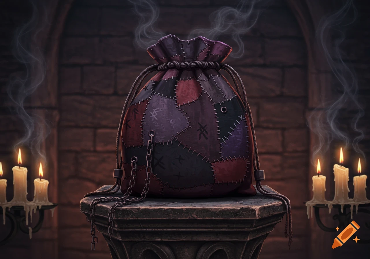 A dark, patchwork drawstring bag sits on a stone pedestal, emanating smoke, flanked by burning candles in a gothic setting.