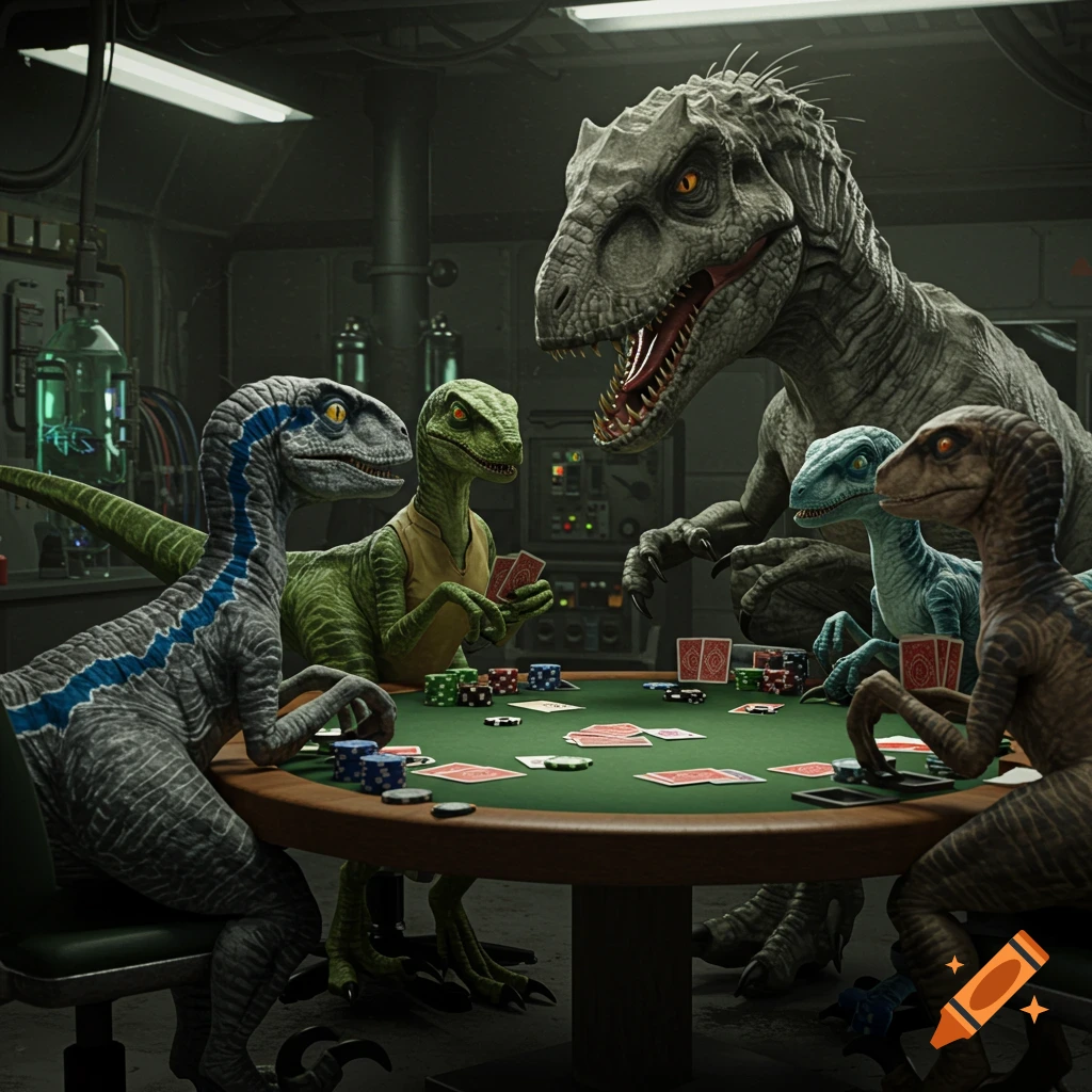 Five dinosaurs, including an Indominus Rex and velociraptors Blue, Charlie, Delta, and Echo, play poker in a sci-fi lab.